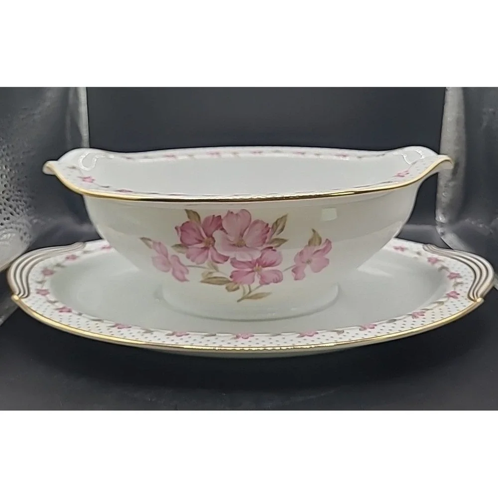Vintage Noritake Elaine 5210 Gravy Boat Underplate‎ Pink Floral Gold Trim